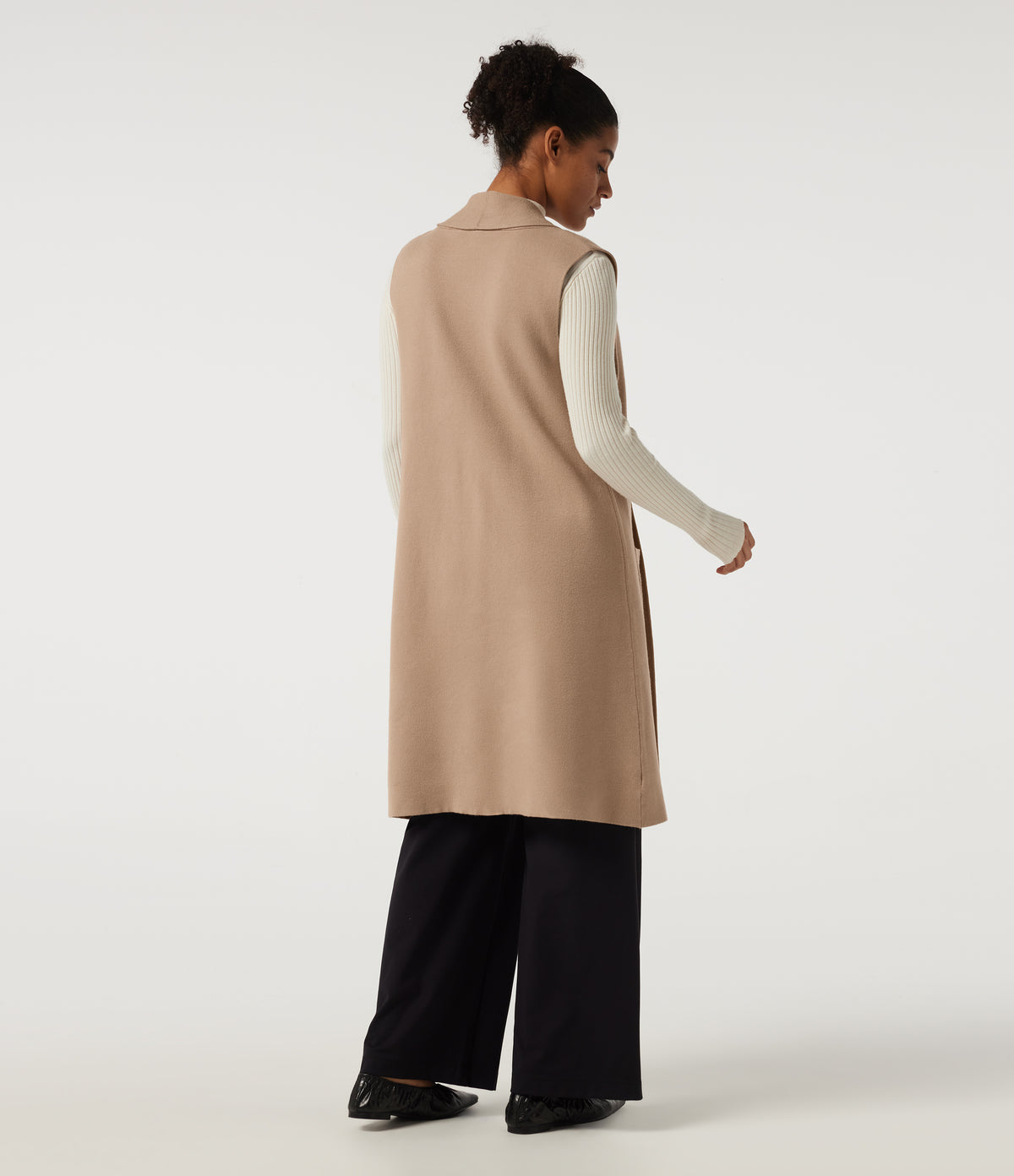 Sleeveless Open Front Longline Work Cardigan with Pockets — Cuban Sand — view 2
