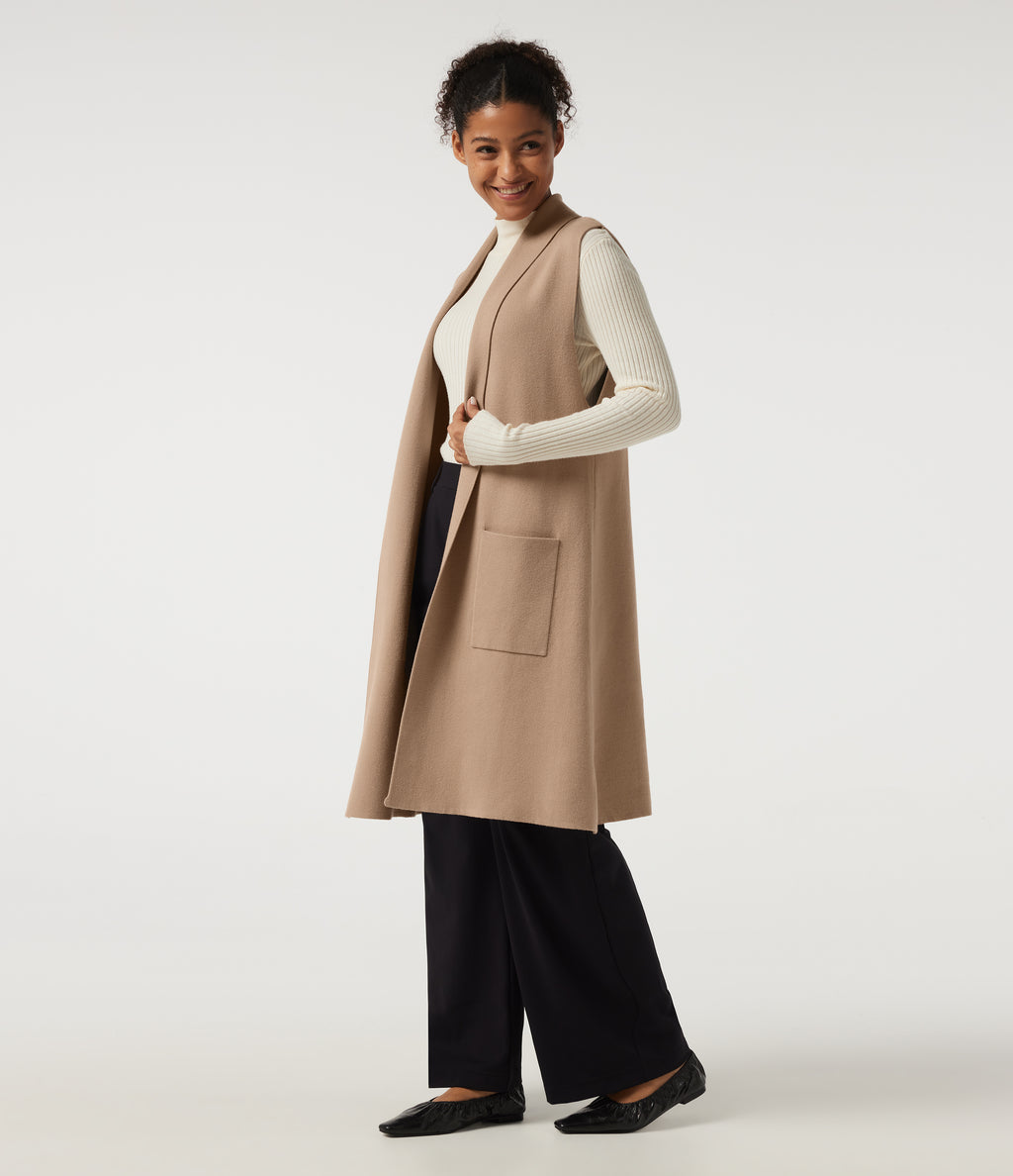 Sleeveless Open Front Longline Work Cardigan with Pockets — Cuban Sand — view 3