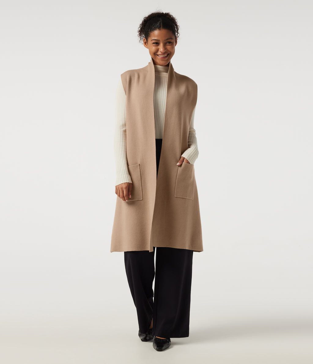 Sleeveless Open Front Longline Work Cardigan with Pockets — Cuban Sand — view 4