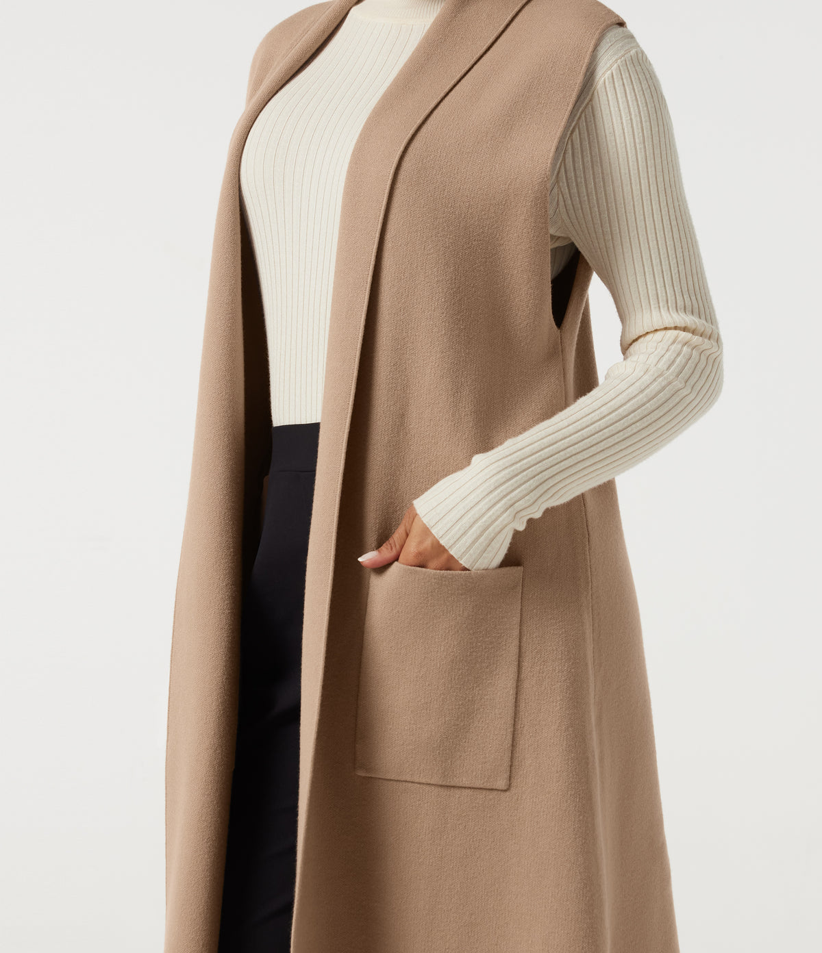 Sleeveless Open Front Longline Work Cardigan with Pockets — Cuban Sand — view 5