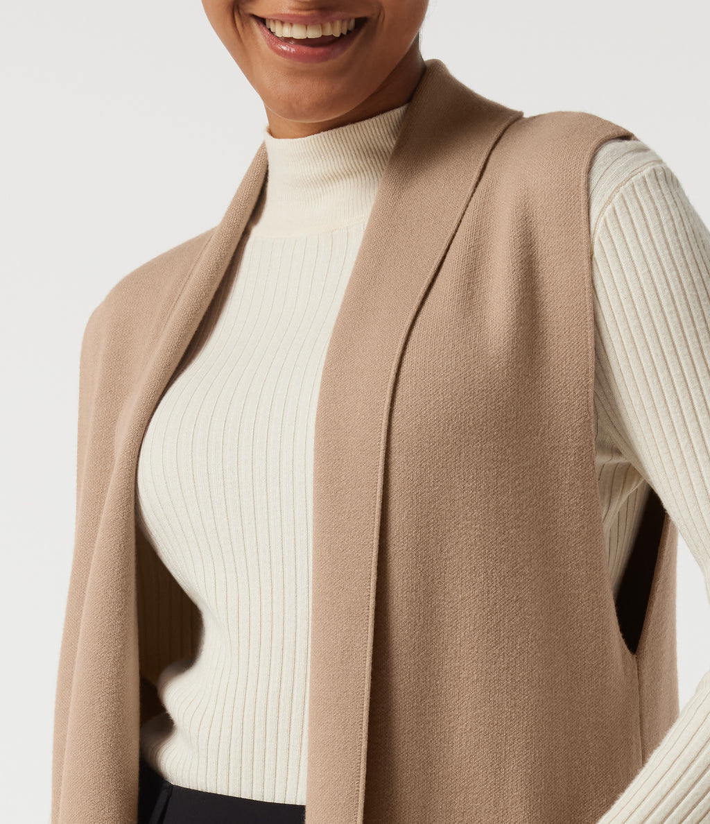 Sleeveless Open Front Longline Work Cardigan with Pockets — Cuban Sand — view 7