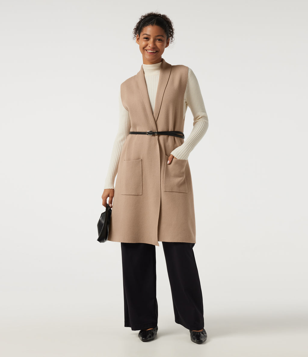 Sleeveless Open Front Longline Work Cardigan with Pockets — Cuban Sand — view 8