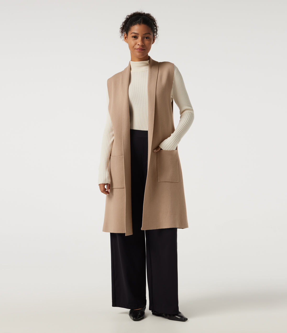 Sleeveless Open Front Longline Work Cardigan with Pockets — Cuban Sand — view 1