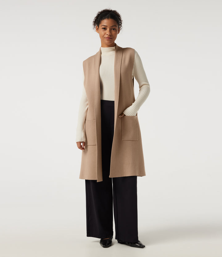 Sleeveless Open Front Longline Work Cardigan with Pockets — Cuban Sand — view 1