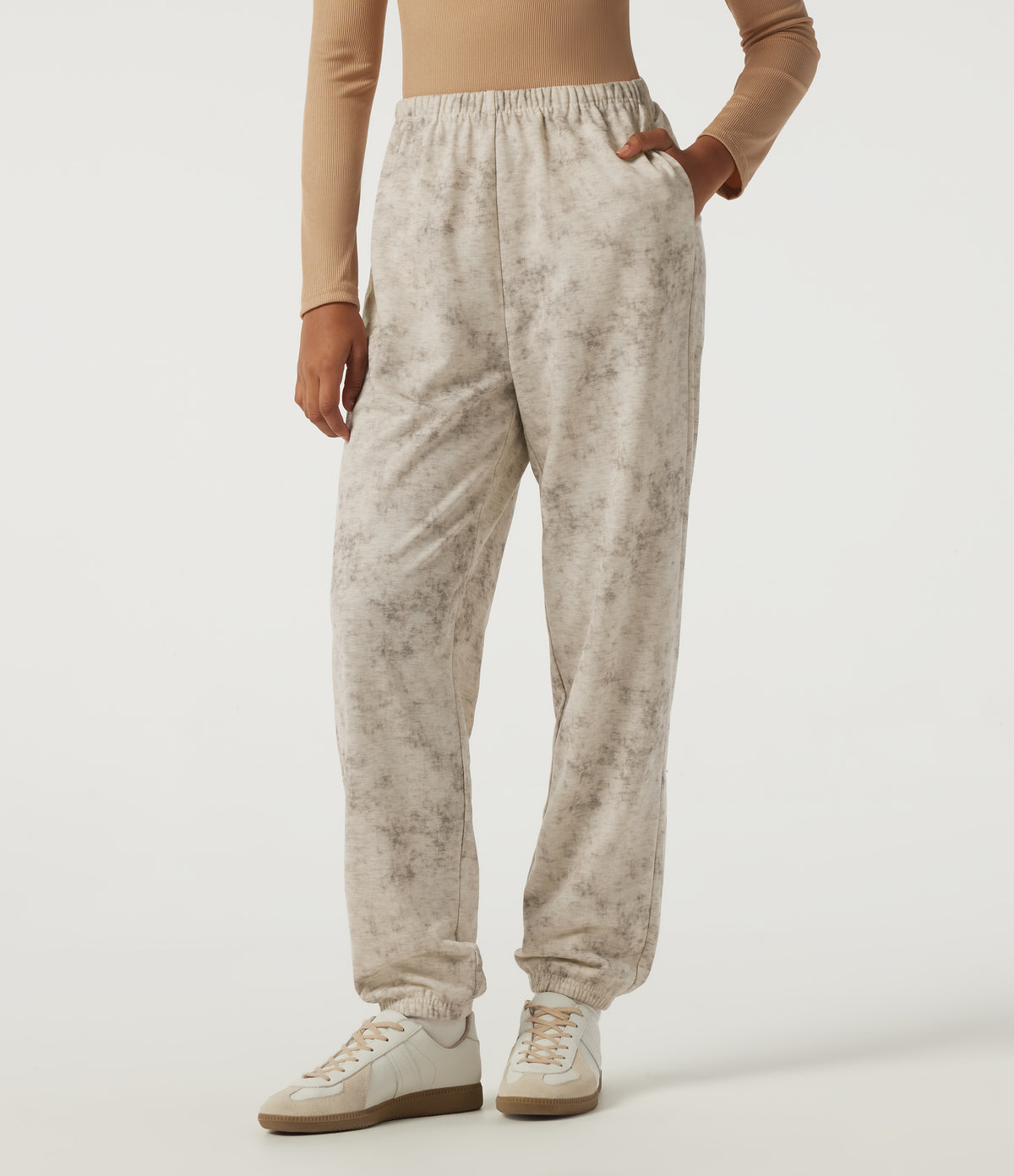 Mid Rise Tapered Tie Dye Casual Sweatpants with Pockets — Stone Mist — view 1