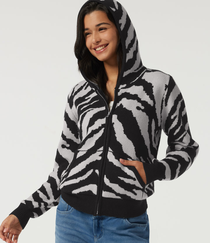 Hooded Long Sleeve Leopard Print Casual Cardigan with Pockets — Ink Dusk — view 1