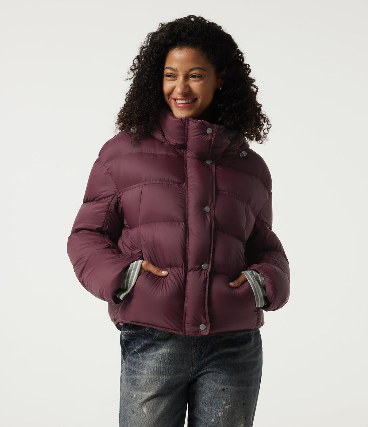 Hooded Long Sleeve Casual Down Jacket with Pockets — Eggplant — view 4