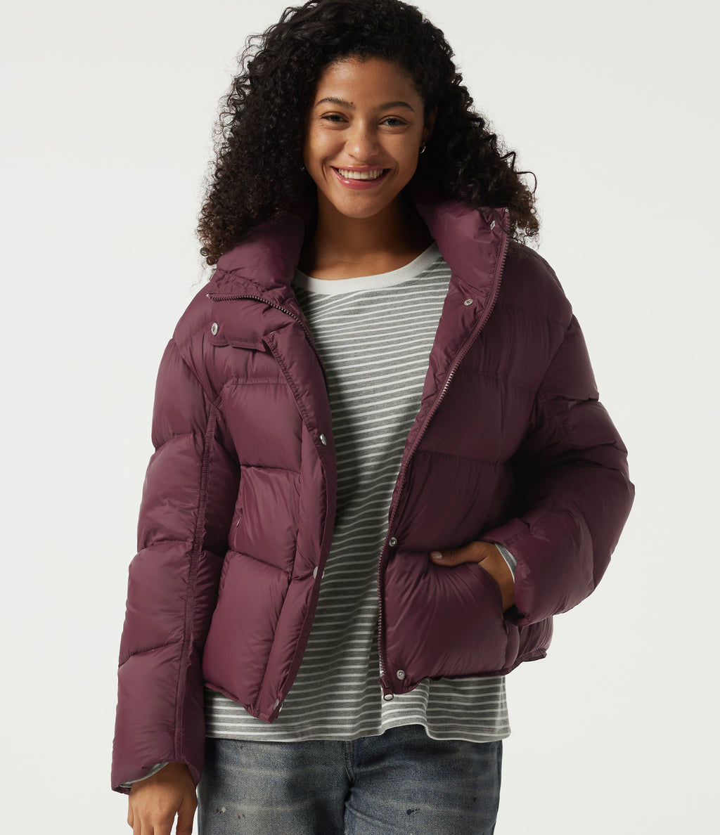 Hooded Long Sleeve Casual Down Jacket with Pockets — Eggplant — view 1