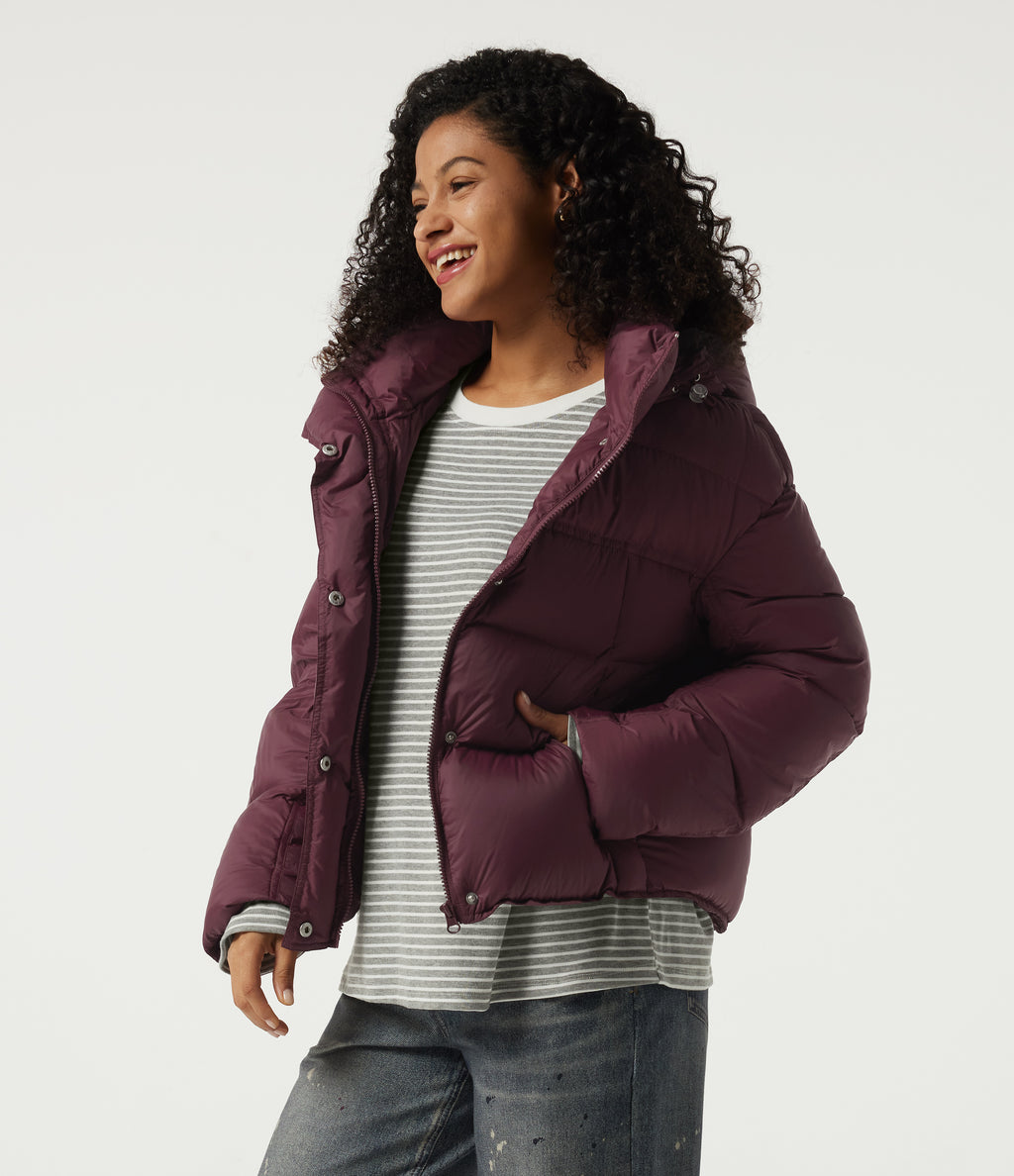 Hooded Long Sleeve Casual Down Jacket with Pockets — Eggplant — view 3