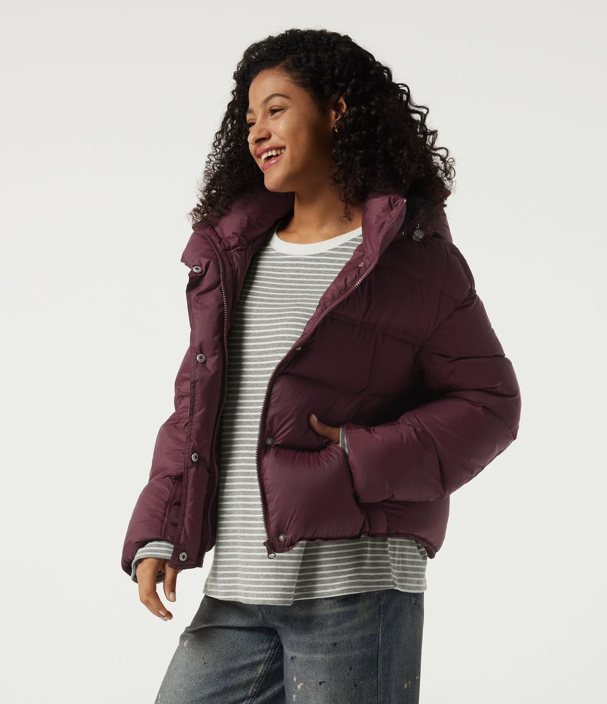Hooded Long Sleeve Casual Down Jacket with Pockets — Eggplant — view 3