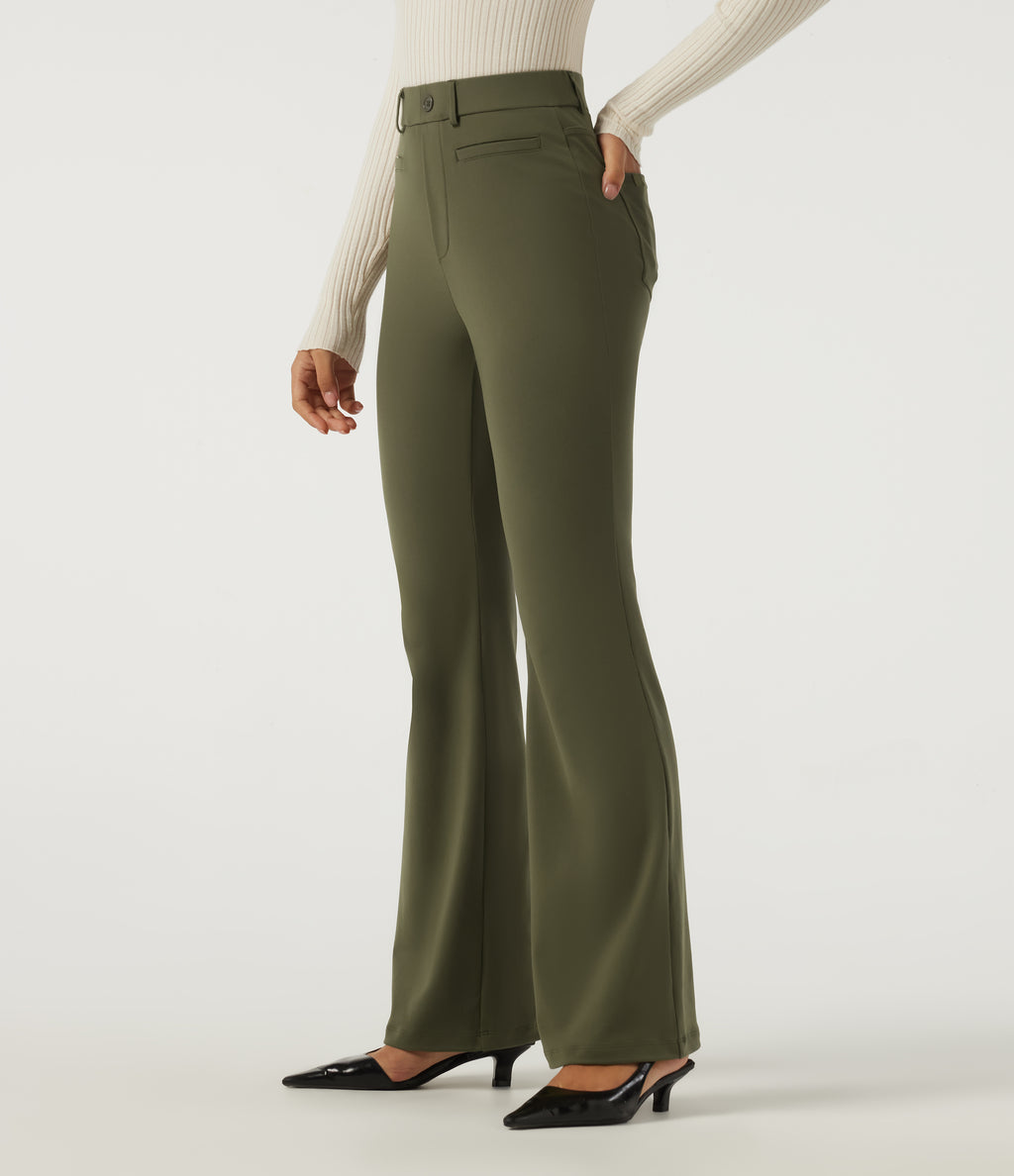 High Waisted Flare Work Trousers with Pockets — Ivy Green — view 3