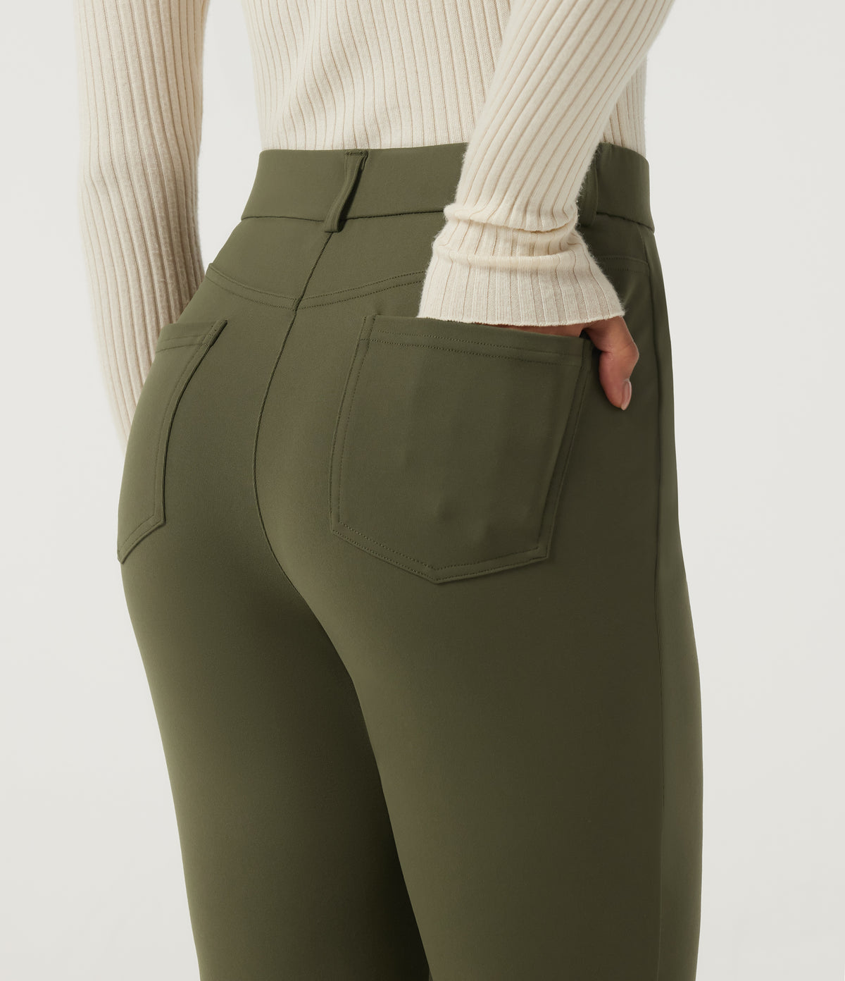 High Waisted Flare Work Trousers with Pockets — Ivy Green — view 5