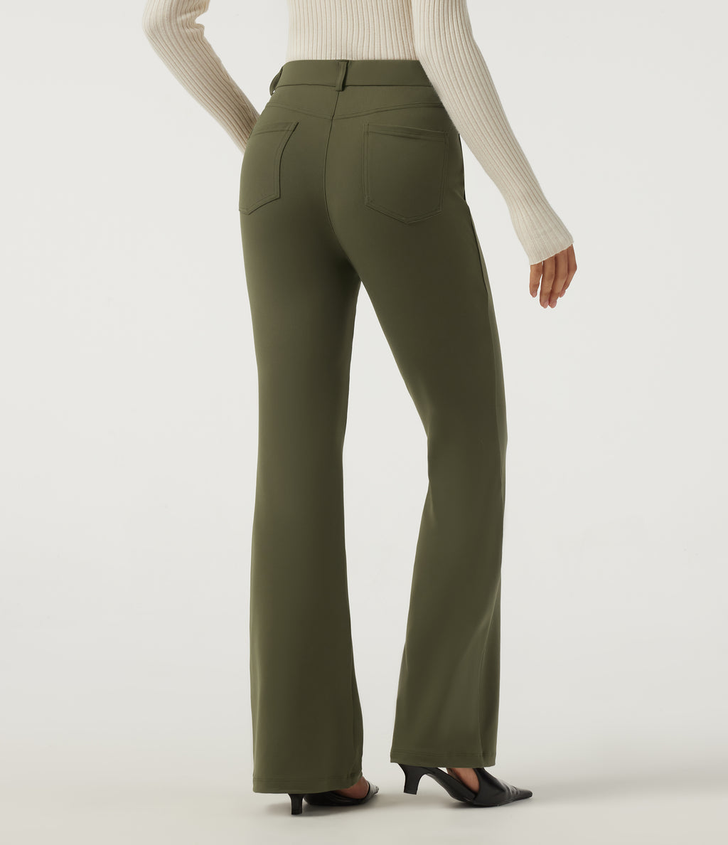 High Waisted Flare Work Trousers with Pockets — Ivy Green — view 2