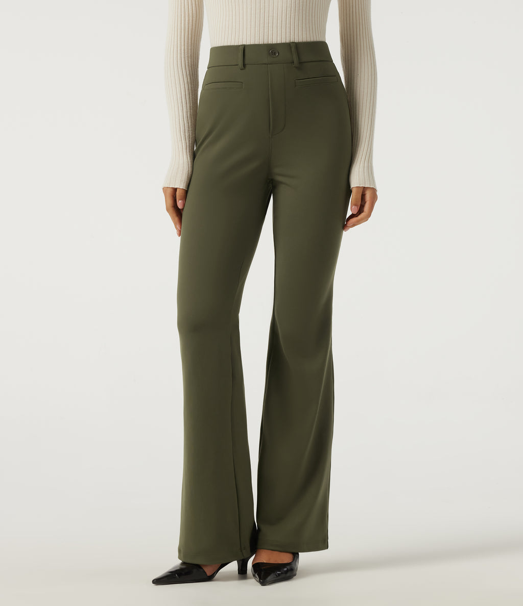 High Waisted Flare Work Trousers with Pockets — Ivy Green — view 1