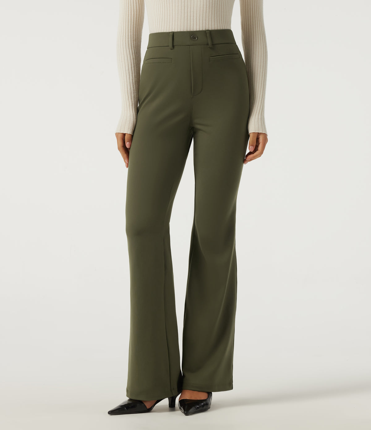 High Waisted Flare Work Trousers with Pockets — Ivy Green — view 1