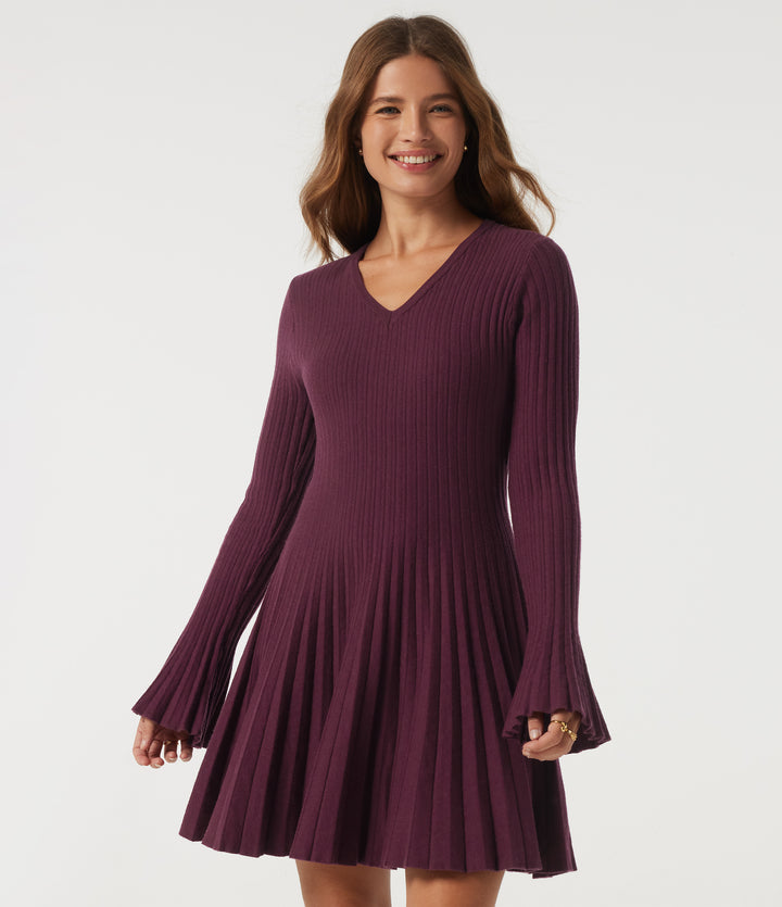 V Neck Flounce Long Sleeve A-Line Casual Mini Sweater Dress — Pickled Beet — view 1