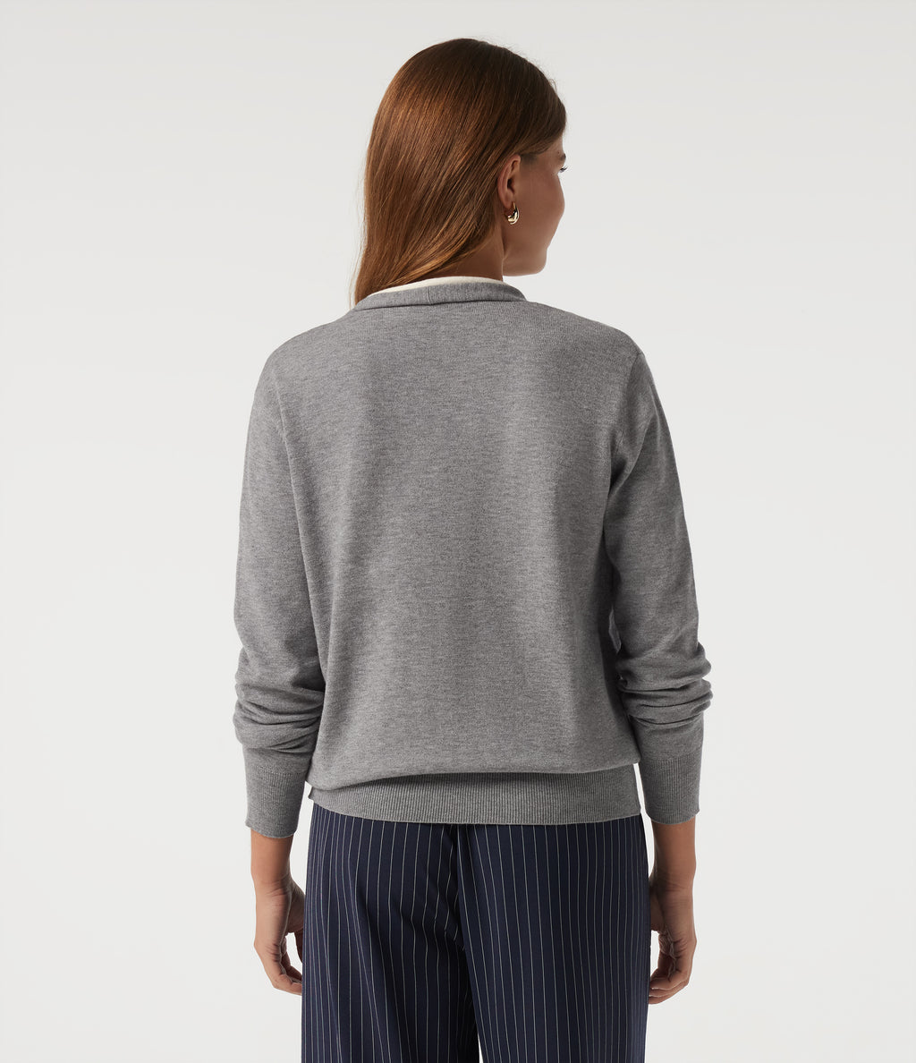 V Neck Long Sleeve 2-in-1 Color Block Work Jumper — Mottled Grey — view 2