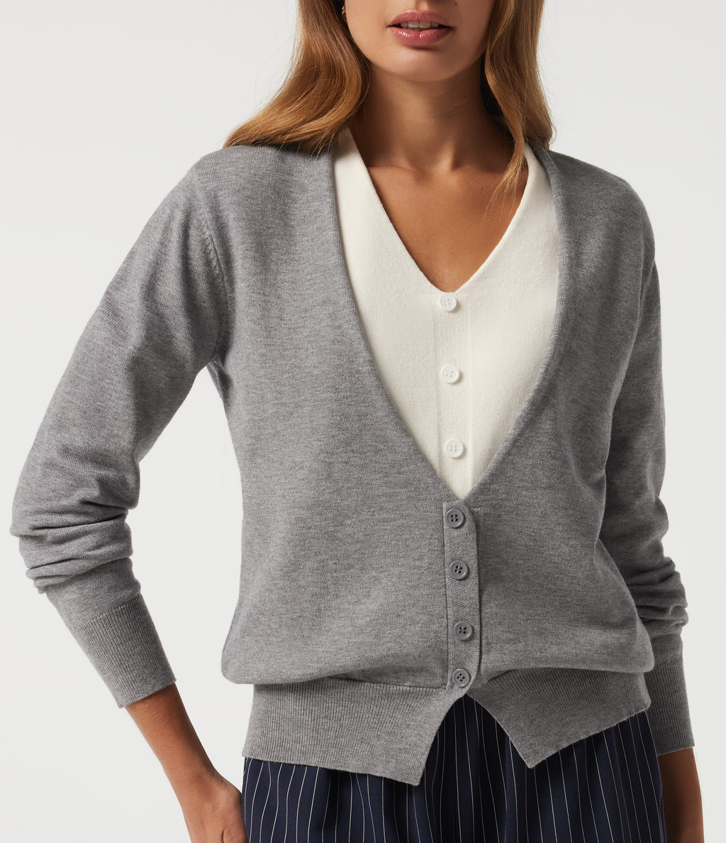 V Neck Long Sleeve 2-in-1 Color Block Work Jumper — Mottled Grey — view 6