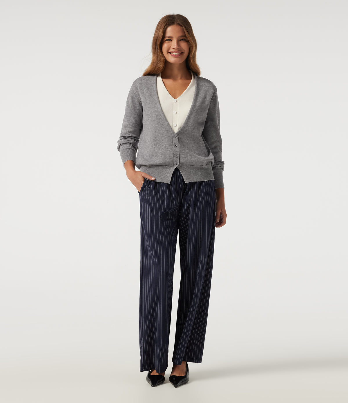 V Neck Long Sleeve 2-in-1 Color Block Work Jumper — Mottled Grey — view 7