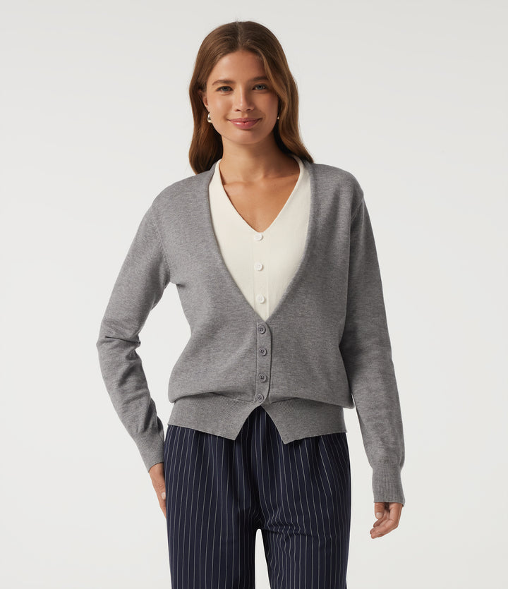 V Neck Long Sleeve 2-in-1 Color Block Work Jumper — Mottled Grey — view 1