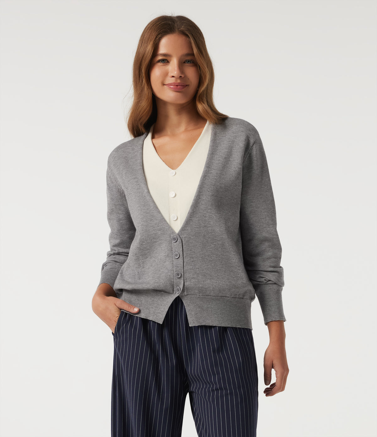 V Neck Long Sleeve 2-in-1 Color Block Work Jumper — Mottled Grey — view 4