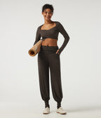 Mid Rise Ruched Stirrup Casual Joggers with Pockets — Chocolate Brown — view 7