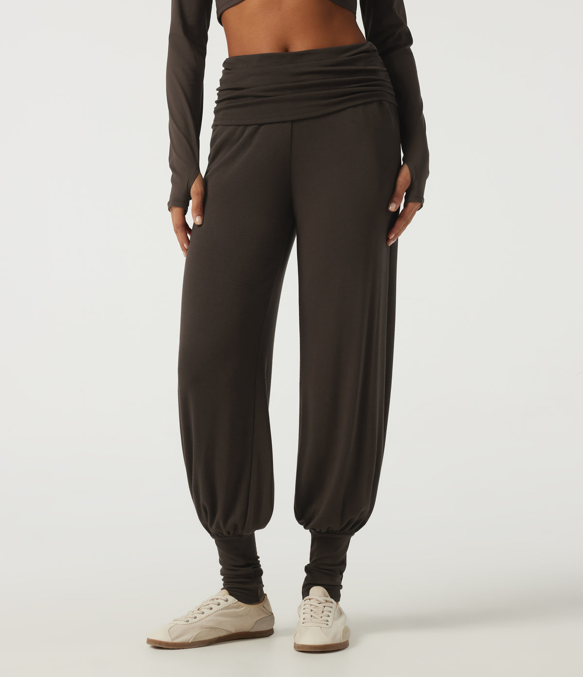Mid Rise Ruched Stirrup Casual Joggers with Pockets — Chocolate Brown — view 1