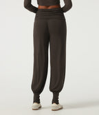 Mid Rise Ruched Stirrup Casual Joggers with Pockets — Chocolate Brown — view 2