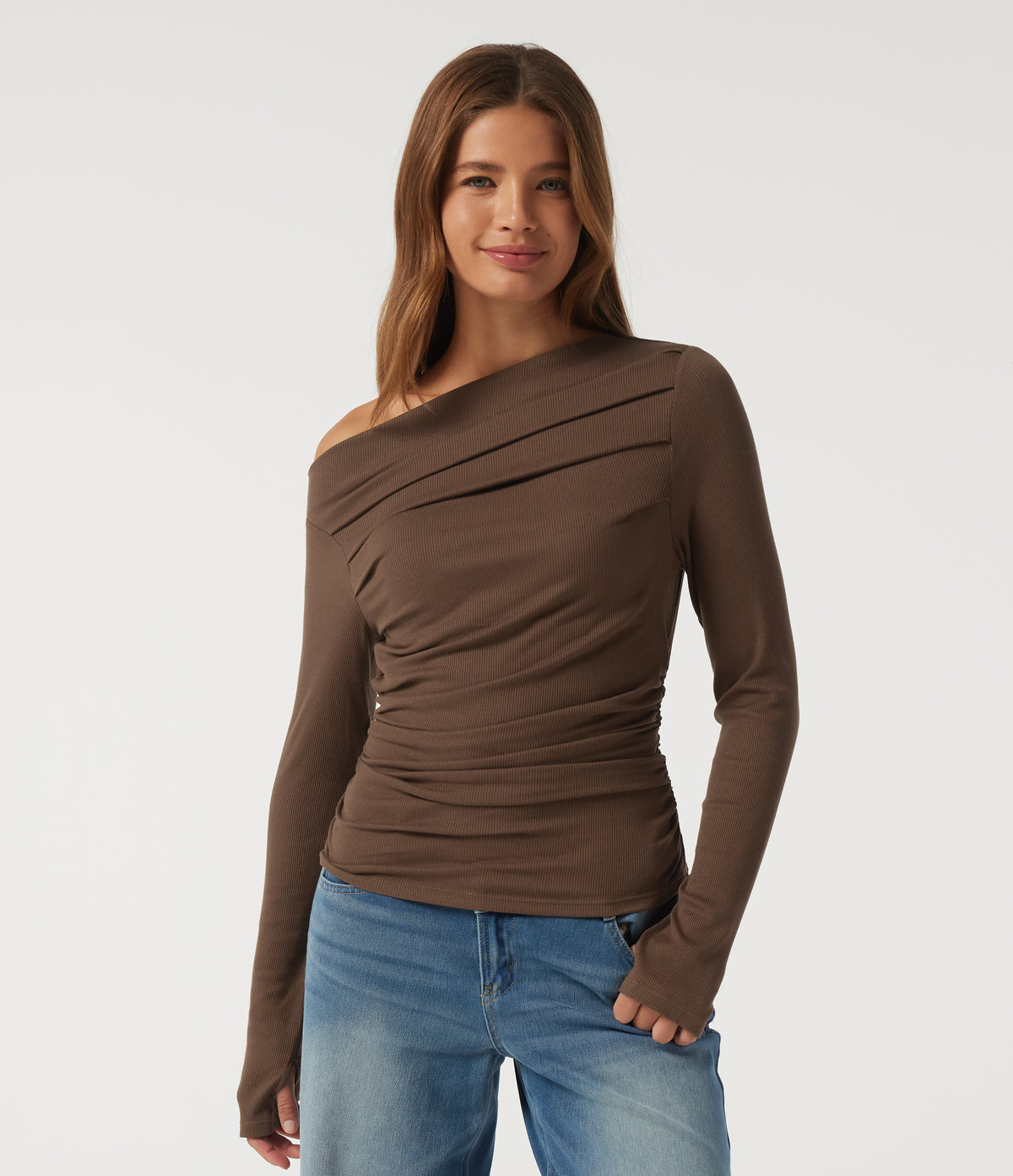 Off Shoulder Long Sleeve Casual Top with Thumbholes — Fondue Fudge — view 5