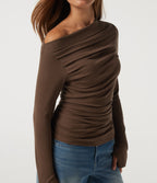 Off Shoulder Long Sleeve Casual Top with Thumbholes — Fondue Fudge — view 6