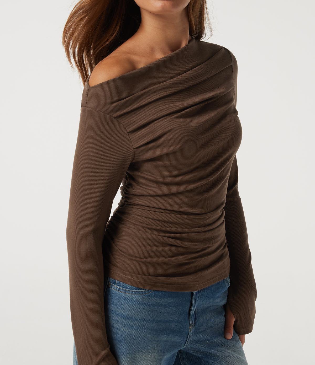 Off Shoulder Long Sleeve Casual Top with Thumbholes — Fondue Fudge — view 6