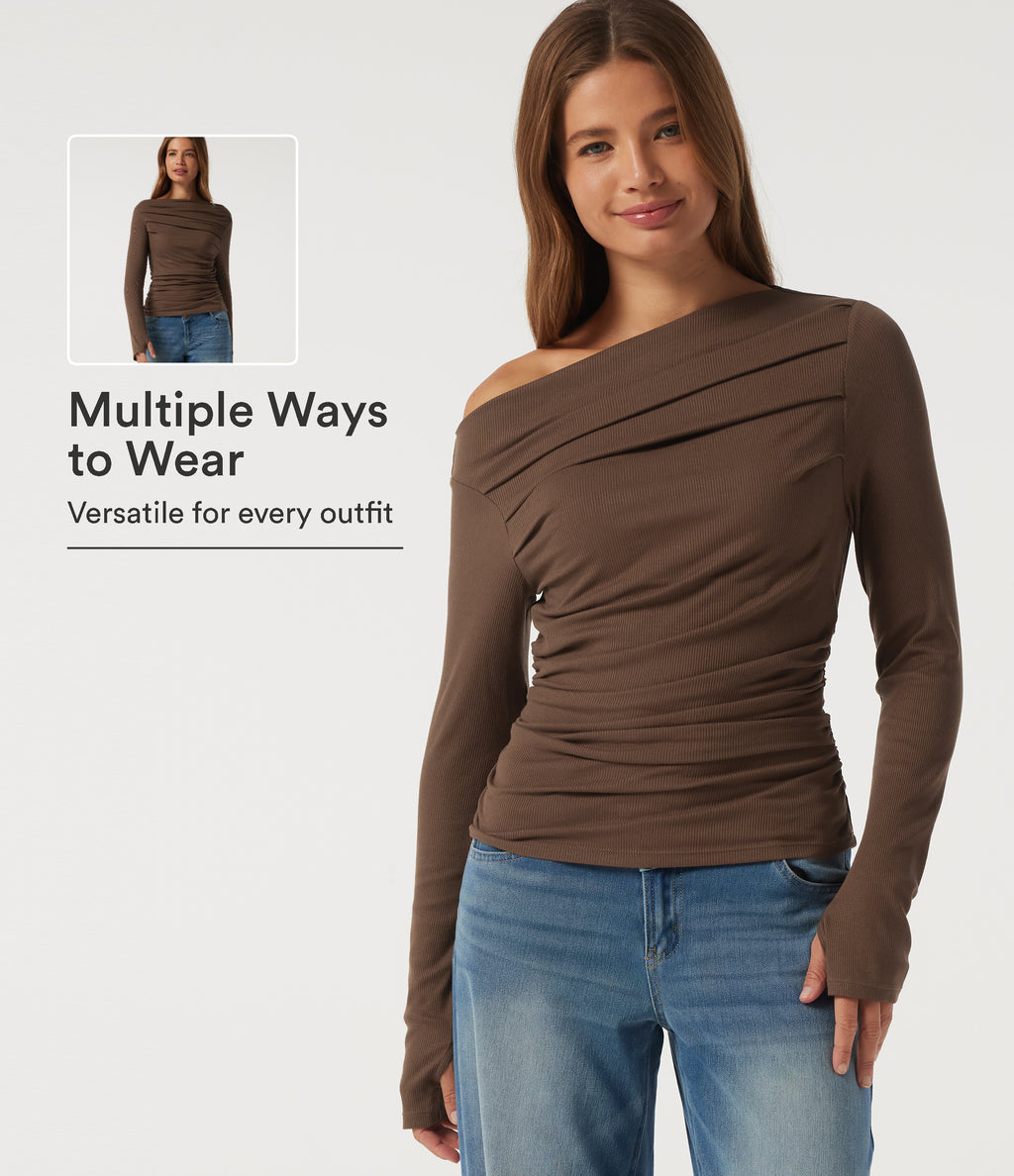 Off Shoulder Long Sleeve Casual Top with Thumbholes — Fondue Fudge — view 1