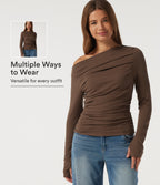Off Shoulder Long Sleeve Casual Top with Thumbholes — Fondue Fudge — view 1