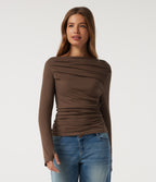 Off Shoulder Long Sleeve Casual Top with Thumbholes — Fondue Fudge — view 4