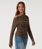 Off Shoulder Long Sleeve Casual Top with Thumbholes — Fondue Fudge — view 3