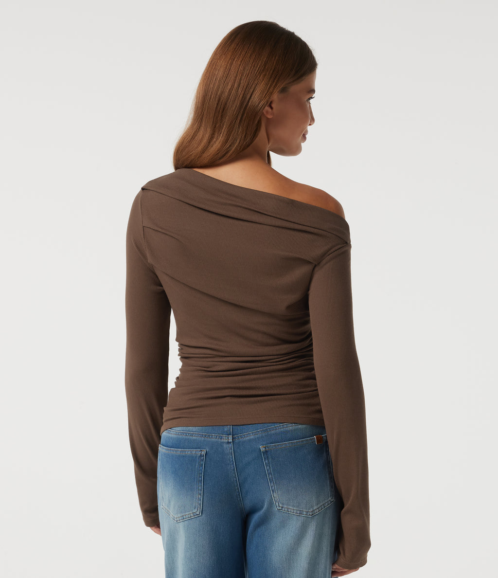 Off Shoulder Long Sleeve Casual Top with Thumbholes — Fondue Fudge — view 2