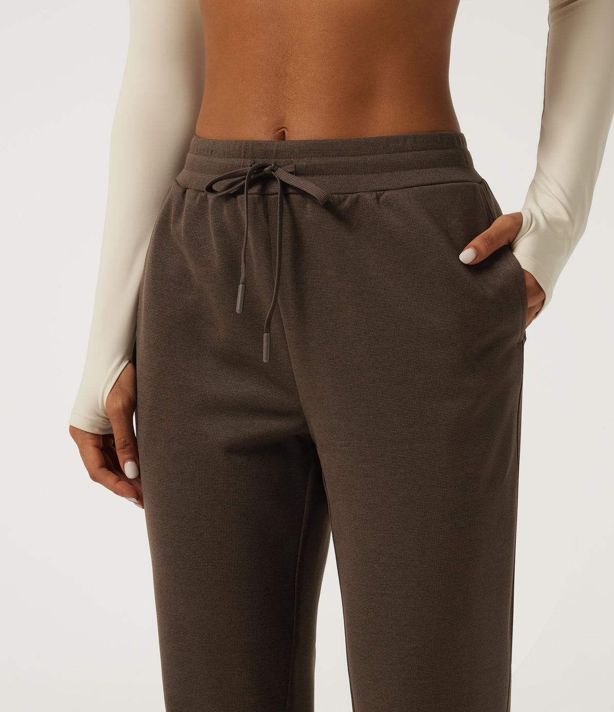 Mid Rise Drawstring Workout Trousers with Pockets — Smoked Pecan — view 4