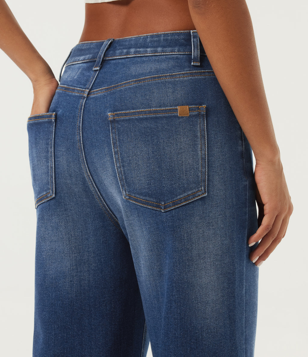 Mid Rise Wide Leg Rolled Hem Cotton Casual Jeans with Pockets — Tide Blue Denim — view 4