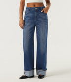 Mid Rise Wide Leg Rolled Hem Cotton Casual Jeans with Pockets — Tide Blue Denim — view 1