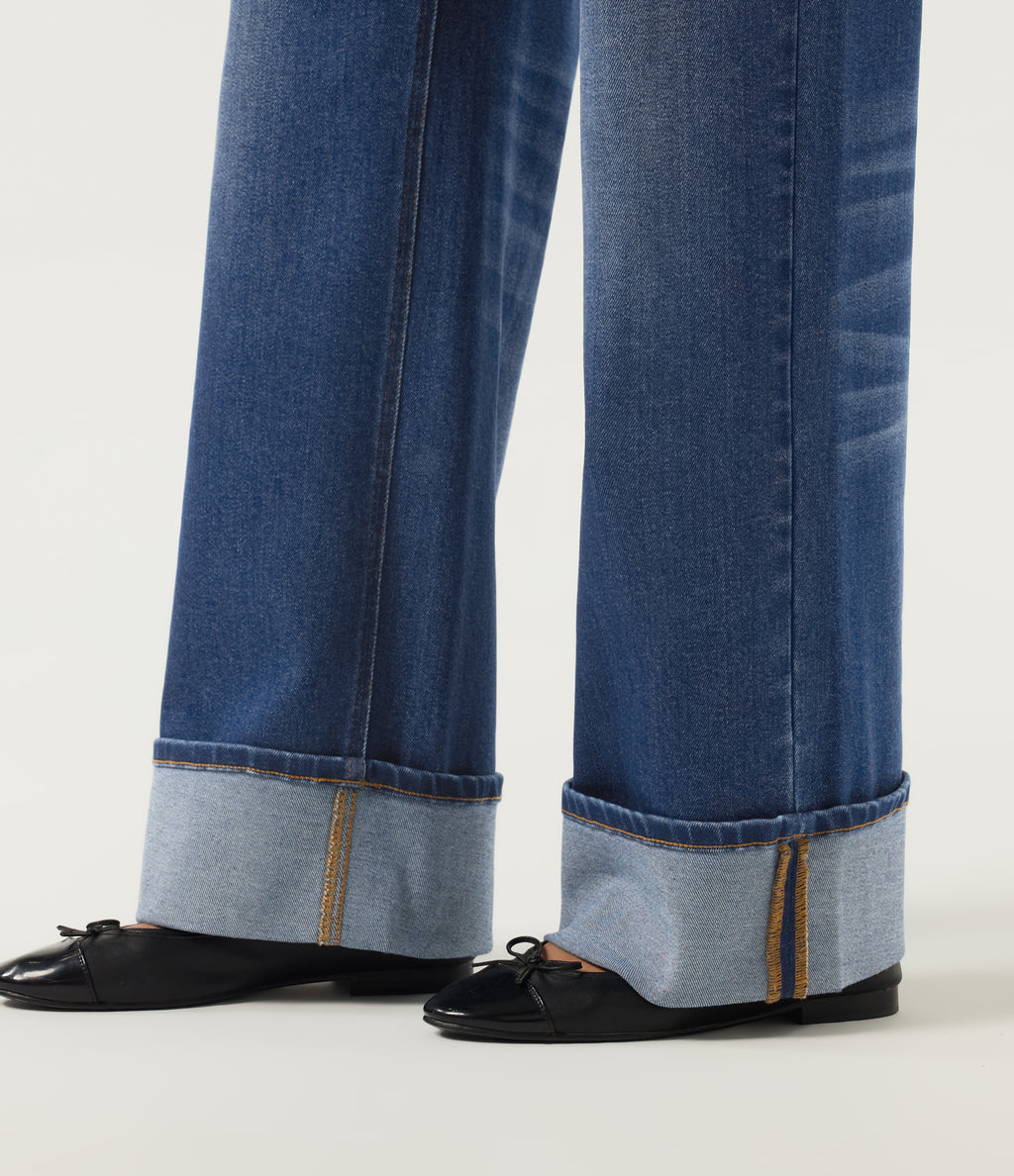 Mid Rise Wide Leg Rolled Hem Cotton Casual Jeans with Pockets — Tide Blue Denim — view 6
