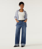 Mid Rise Wide Leg Rolled Hem Cotton Casual Jeans with Pockets — Tide Blue Denim — view 7