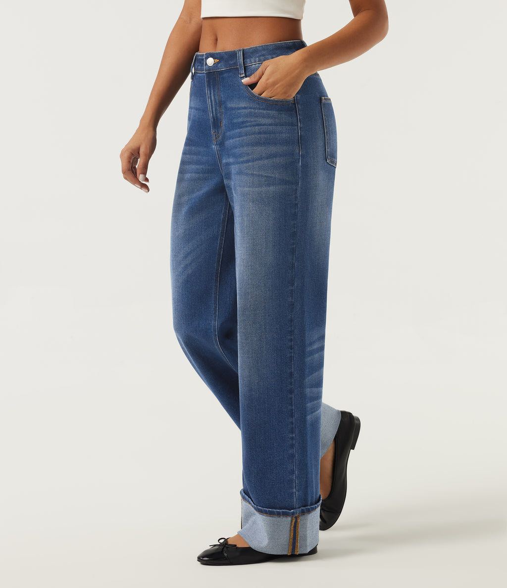 Mid Rise Wide Leg Rolled Hem Cotton Casual Jeans with Pockets — Tide Blue Denim — view 3