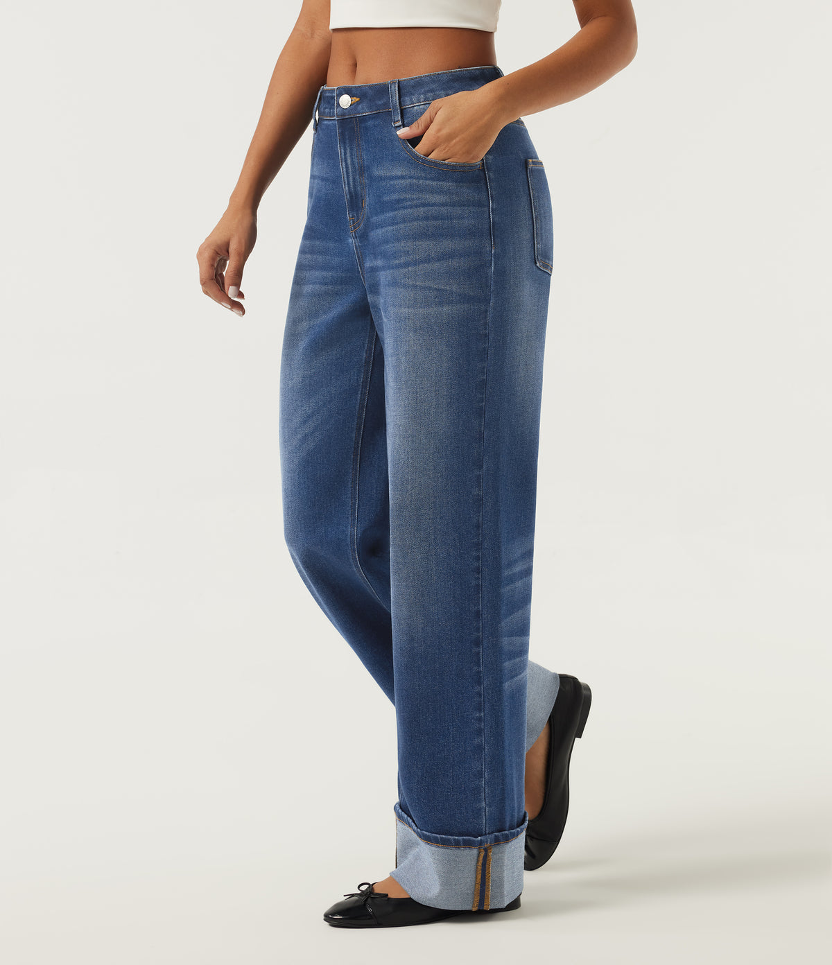 Mid Rise Wide Leg Rolled Hem Cotton Casual Jeans with Pockets — Tide Blue Denim — view 3