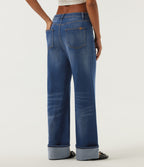 Mid Rise Wide Leg Rolled Hem Cotton Casual Jeans with Pockets — Tide Blue Denim — view 2
