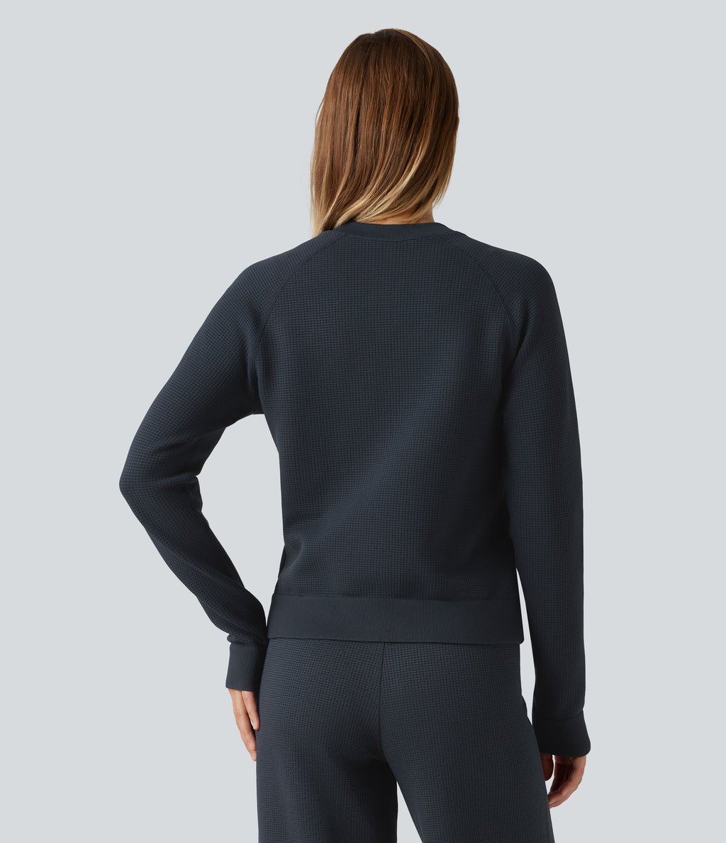 Round Neck Long Sleeve Waffle Casual Bomber Jacket with Pockets — Collegiate Blue — view 2
