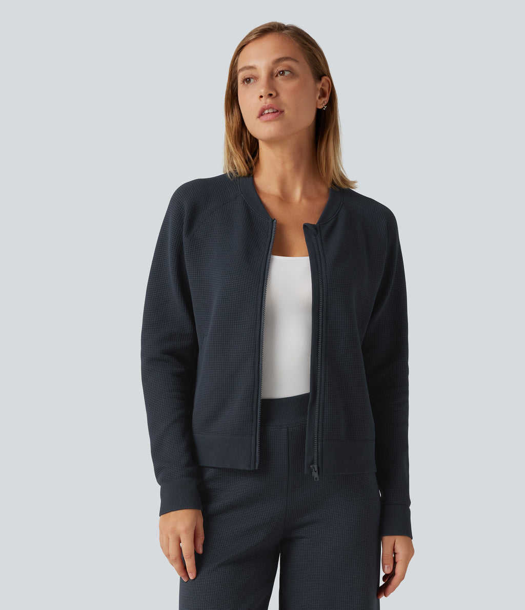 Round Neck Long Sleeve Waffle Casual Bomber Jacket with Pockets — Collegiate Blue — view 1