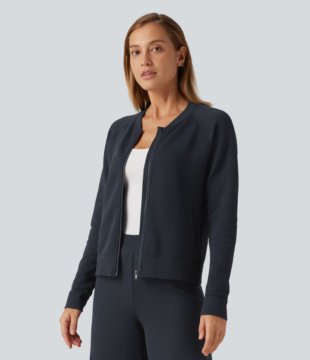 Round Neck Long Sleeve Waffle Casual Bomber Jacket with Pockets — Collegiate Blue — view 4