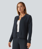 Round Neck Long Sleeve Waffle Casual Bomber Jacket with Pockets — Collegiate Blue — view 4