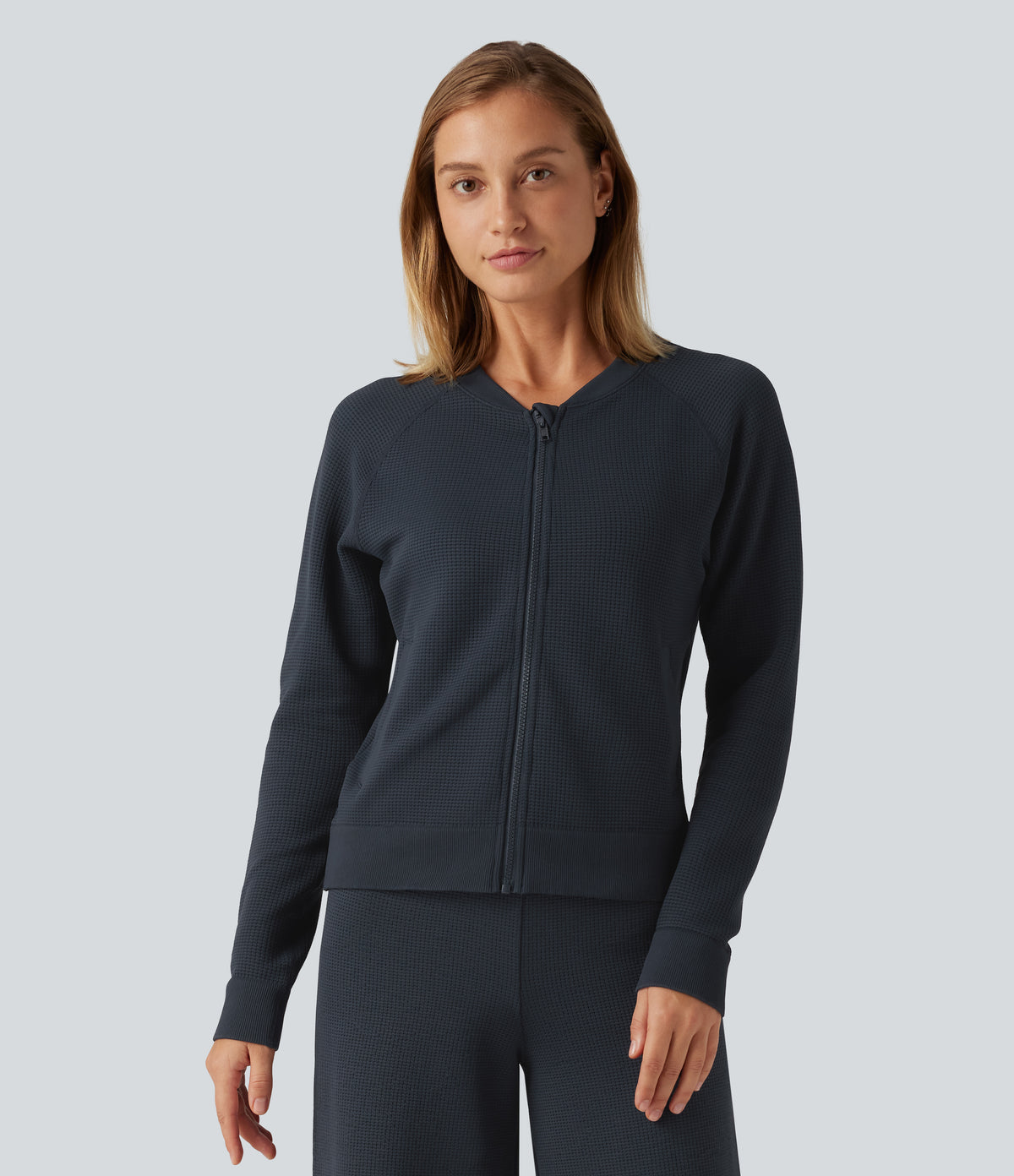 Round Neck Long Sleeve Waffle Casual Bomber Jacket with Pockets — Collegiate Blue — view 3