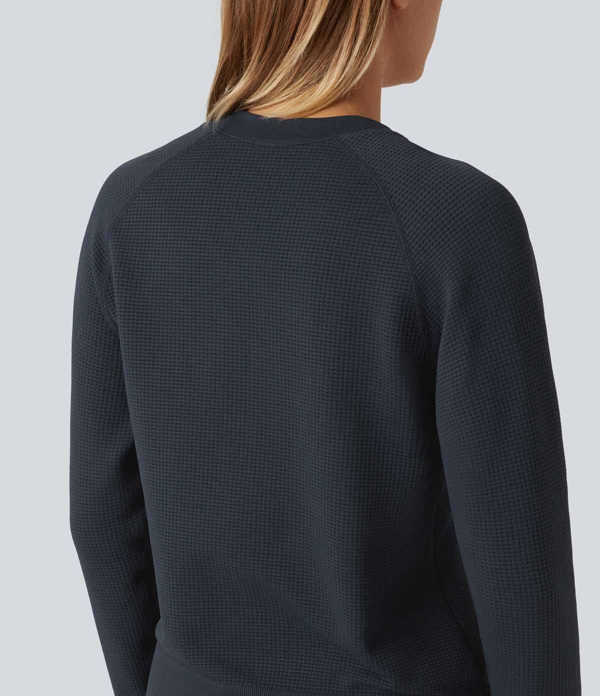 Round Neck Long Sleeve Waffle Casual Bomber Jacket with Pockets — Collegiate Blue — view 6